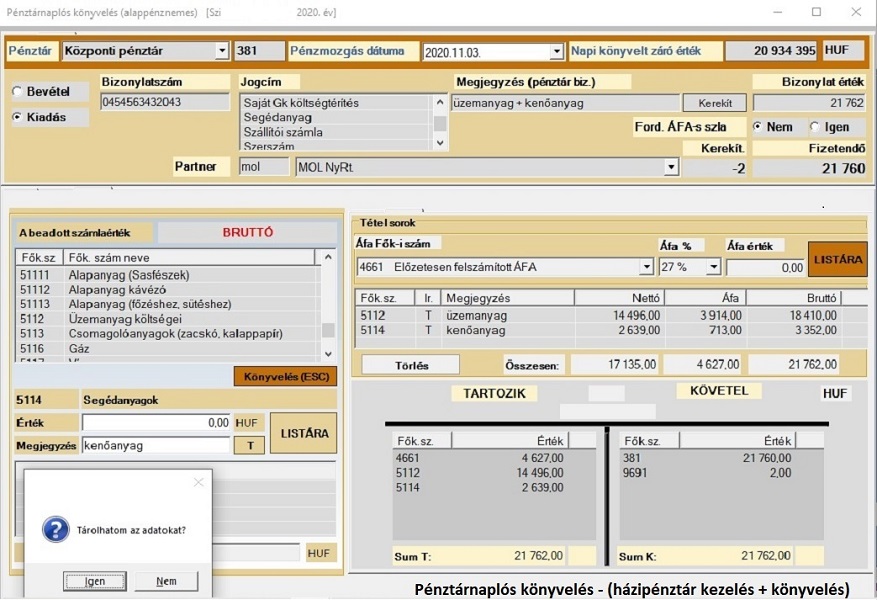 Pénztárnaplós könyvelés a könyvelő programban